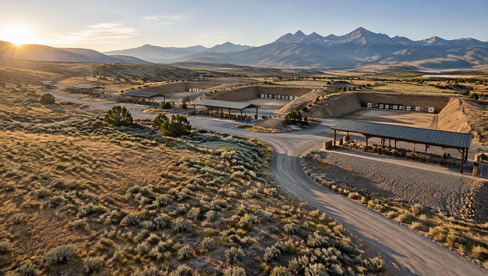 Aerial view of an outdoor shooting range in the Idaho high desert